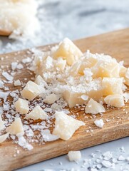 Poster - Delicious organic cacao butter chunks scattered on wooden surface among salt flakes : Generative AI