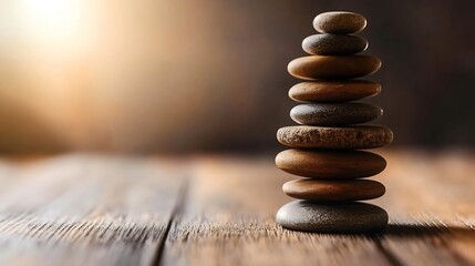 Fototapete - Balanced Arrangement of Smooth Stones Stacked Peacefully on a Rustic Wooden Surface : Generative AI