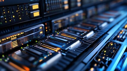 Fototapete - Close-Up of Advanced Data Server Technology with Illuminated Components and Cables : Generative AI