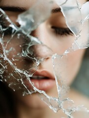 Poster - Artistic portrait of a woman with shattered glass reflecting her face creating a thoughtprovoking emotional effect : Generative AI