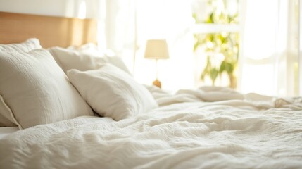 Aufkleber - Cozy Bed With Soft Linens And Sunlight Streaming Through Window Creating Warm Atmosphere : Generative AI