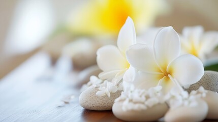 Poster - Elegant Spa Setting with White Flowers and Smooth Stones on Wooden Surface : Generative AI