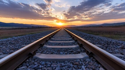 Aufkleber - Dramatic sunset over distant mountains seen along straight railway tracks evoking travel and adventure : Generative AI