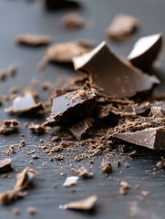 Poster - Close Up View of Dark Chocolate Chunks and Crumbles on Dark Surface : Generative AI
