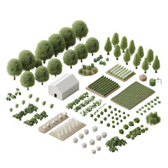 A farm scene with a white house and a barn