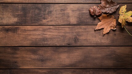 Poster - Autumn leaves scattered on rustic wooden planks creating a warm and cozy atmosphere : Generative AI