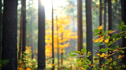 Aufkleber - Beautiful autumn forest with sun rays shining through trees and colorful leaves on the ground : Generative AI