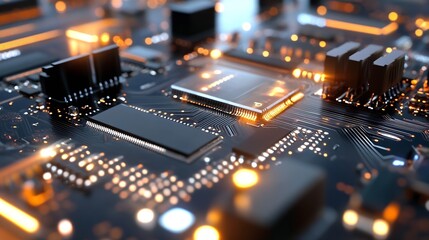Poster - Close Up of Circuit Board with Technology Components and Lights : Generative AI