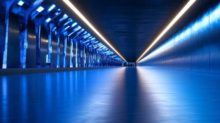 Poster - Modern corridor with vibrant blue lighting and sleek design offering a captivating perspective : Generative AI