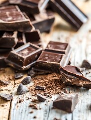 Aufkleber - Deliciously broken dark chocolate pieces scattered on rustic wooden table : Generative AI