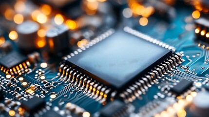 Leinwandbilder - Close Up of Computer Microchip on Circuit Board with Glowing Components : Generative AI