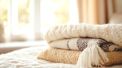 Poster - Cozy Neatly Folded Knit Blankets on a Bed with Soft Natural Light : Generative AI