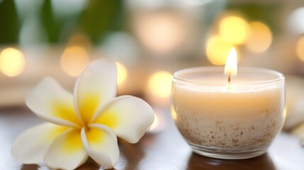 Aufkleber - Serene Candle Light with Plumeria Flower in Soft Focus for Relaxation and Meditation : Generative AI