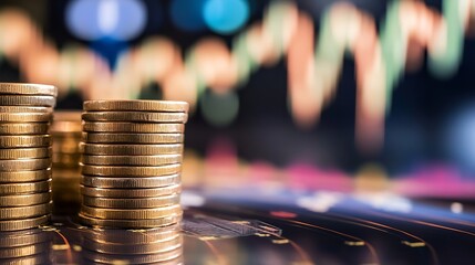 Aufkleber - Stacks of Coins on a Blurred Background with Financial Charts : Generative AI