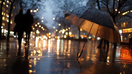 Fototapete - Rainy city street with glowing umbrella and blurred lights reflecting on wet pavement scene : Generative AI