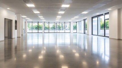 Aufkleber - Bright and spacious empty office space with large windows and polished concrete floors : Generative AI