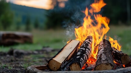 Aufkleber - A cozy campfire crackling with flames and smoke in an outdoor setting during sunset : Generative AI