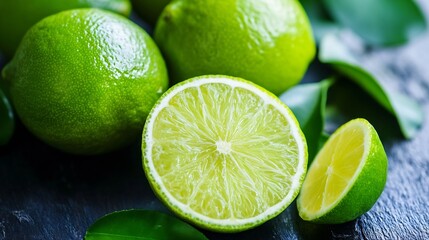 Poster - Fresh and Vibrant: Juicy Limes on a Dark Wooden Surface with Leaves : Generative AI