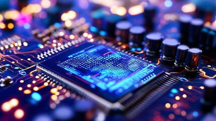 Fototapete - Dramatic Close-Up of Circuit Board with Vibrant Colors Showcasing Advanced Technology and Artistry : Generative AI
