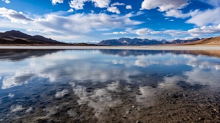 Aufkleber - A breathtaking landscape of a serene lake reflecting the clouds and mountains under a blue sky : Generative AI