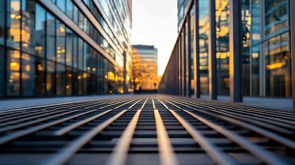 Poster - Dynamic View of Modern Urban Pathway at Dusk with Soft Reflections : Generative AI