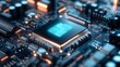© Generative AI - Detailed Close Up of a Modern Microprocessor on a Circuit Board with Bright LED Lights : Generative AI