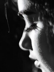 Poster - Closeup profile of a young woman capturing her serene expression and delicate features in black and white : Generative AI