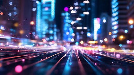 Poster - Vibrant city night scene with dynamic light trails and illuminated buildings : Generative AI