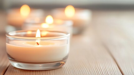 Poster - soothing glow of flickering candles in glass holders on wooden surface for relaxation and ambiance :