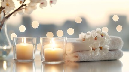 Aufkleber - Cozy Spa Setting with Candles Soft Light and White Towels for Relaxation : Generative AI