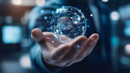 Poster - Innovative Hand Holding a Digital Globe Representing Connectivity and Technology : Generative AI