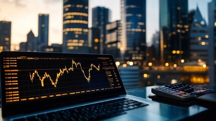 Aufkleber - Laptop displaying stock market trends and financial data with urban skyline in the background during dusk : Generative AI