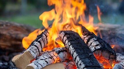 Fototapete - Close up of burning firewood and glowing embers in campfire creating warmth and ambiance : Generative AI
