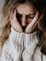 Aufkleber - Distressed Young Woman with Freckles Covering Her Face in Frustration Amidst a Soft Background : Generative AI