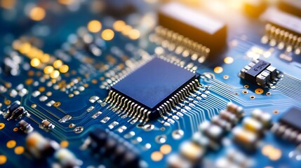 Fototapete - Detailed View of a High-Performance Chip on a Printed Circuit Board in Soft Focus : Generative AI