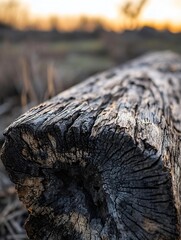 Poster - Close Up View of an Old Wooden Log with Intricate Textures and Patterns Highlighted by Natural Sunset Lighting : Generative AI