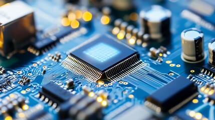 Poster - Close up shot of a computer chip on a printed circuit board showing intricate details : Generative AI