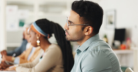 Aufkleber - Business people, meeting and writing notes in team, training or watch video for development in career. Men, women and listening to tutorial with notebook, coaching or studying at creative workplace