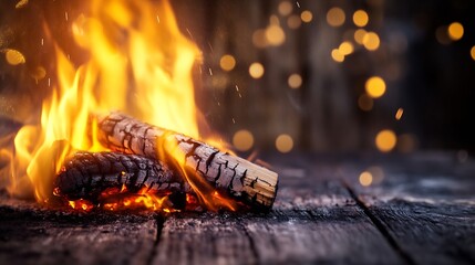 Fototapete - Captivating close up of blazing firewood creating warmth and ambiance with glowing embers in a cozy setting : Generative AI