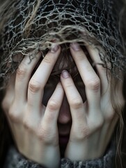 Poster - Eerie portrait of a woman hiding her face with hands and hair creating a mysterious atmosphere : Generative AI
