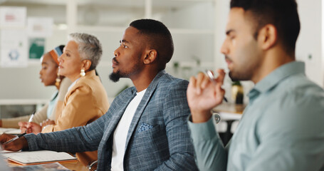 Aufkleber - Business people, office and writing notes in group, training or watch video for development in career. Men, women and listening to tutorial with notebook, coaching or studying at creative workplace