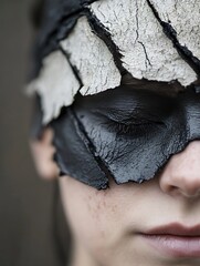 Aufkleber - Closeup of a woman's face with artistic black and white makeup resembling peeling bark : Generative AI
