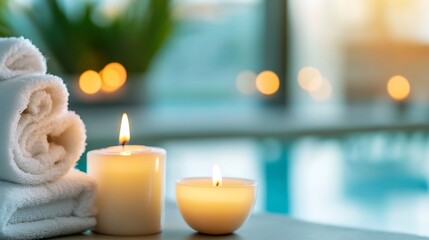 Aufkleber - Spa relaxation scene with soft towels, lit candles and a soothing ambiance for tranquility and peace : Generative AI