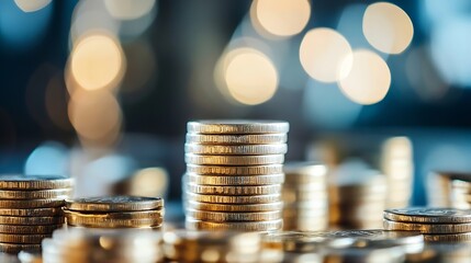 Aufkleber - Stunning Close Up of Stacked Coins with Blurred Background and Light Bokeh Effects : Generative AI