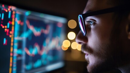Aufkleber - Focused young man analyzing financial data on a digital screen in a modern office environment : Generative AI