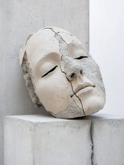Poster - Intriguing cracked sculpture head symbolizing the fragility of beauty and human emotion in modern art : Generative AI