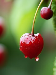 Poster - Fresh ripe cherries glistening with dew reflecting nature's beauty in a lush green environment showcasing natural freshness : Generative AI