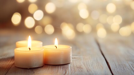 Fototapete - Tranquil Scene of Lit Candles on Wooden Table in Warm Ambient Light : Generative AI