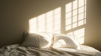 Aufkleber - Serene bedroom scene with pillows bathed in soft shadows from window light creating tranquil atmosphere : Generative AI