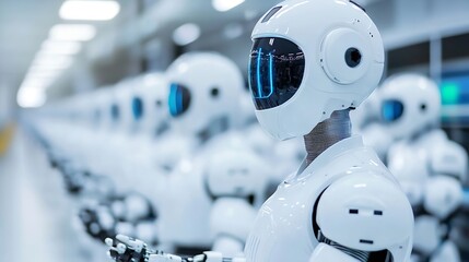 Leinwandbilder - Futuristic Line of Humanoid Robots in a High Tech Factory Environment : Generative AI